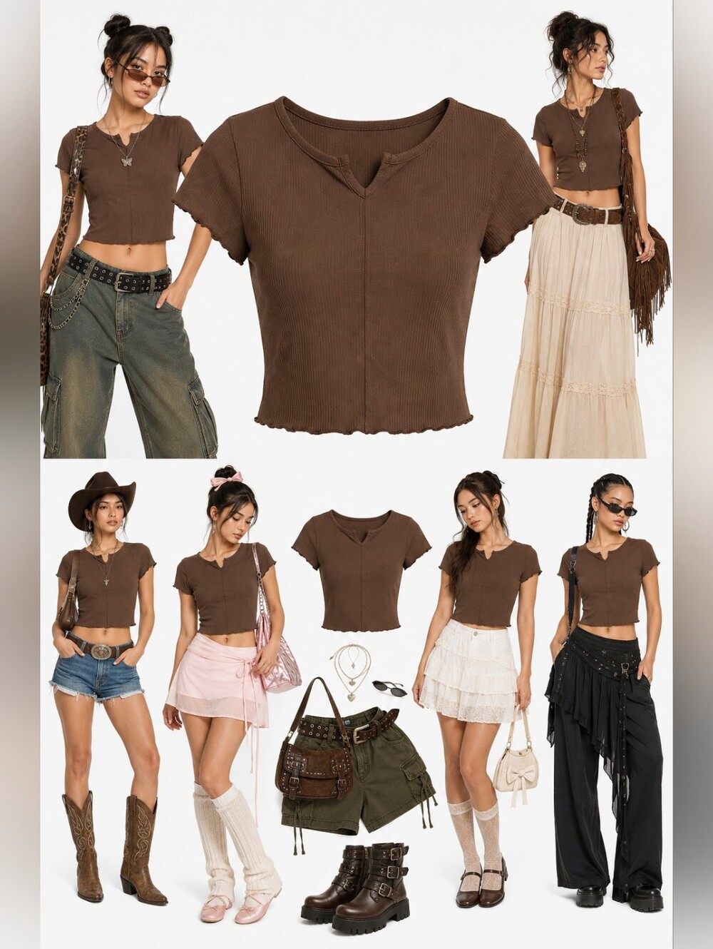 NWT YMI Juniors Brown Ribbed Notch Neck Cropped Top Made in USA Tee Y2k